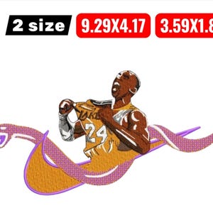 May include: An embroidered design featuring a basketball player in a yellow jersey with the number 24, set against a purple snake. The design includes the text "2 size", and measurements of 9.29 x 4.17 inches and 3.59 x 1.87 inches.