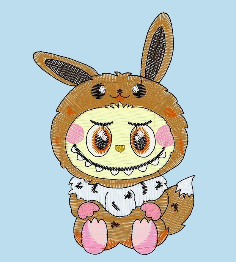 Puede incluir: Ilustraci&oacute;n caprichosa de una criatura con un disfraz de conejito marr&oacute;n con orejas grandes. El personaje tiene ojos grandes de color naranja, mejillas rosadas y un cuello blanco. El fondo es azul claro.