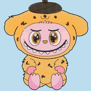 Puede incluir: Ilustraci&oacute;n de dibujos animados de una criatura con un disfraz peludo amarillo y una boina. La criatura tiene una cara rosa con ojos grandes, una boca cosida con dientes y patas y pies rosas. El fondo es azul claro.