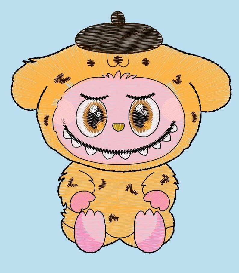 Puede incluir: Ilustraci&oacute;n de dibujos animados de una criatura con un disfraz peludo amarillo y una boina. La criatura tiene una cara rosa con ojos grandes, una boca cosida con dientes y patas y pies rosas. El fondo es azul claro.