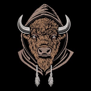May include: An embroidered design featuring a brown bison head wearing a hooded sweatshirt. The bison has prominent white horns and a textured fur appearance. Two white feather-shaped drawstrings hang from the hood against a black background.