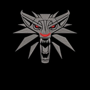 May include: Embroidered gray wolf head design with red eyes and a red nose on a black background. The wolf's mouth is open, revealing sharp teeth. The design is detailed and stylized, suitable for apparel or accessories.
