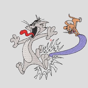 May include: An embroidery design featuring a grey cat with a red tongue and white belly reacting in shock, while a small brown mouse pulls on the cat's long purple tail. The cat is depicted with an open mouth and wide eyes, showing a dynamic motion.