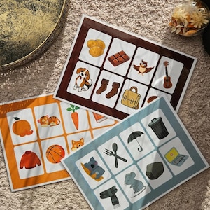 May include: Three educational flashcards with illustrated images. One card has images of food and a dog, another has a sweater and a basketball, and the third has a koala and a laptop. The cards are on a beige surface.