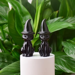 May include: Two identical black cat figurines, each wearing a pointed witch hat. The cats are carved with smooth, reflective surfaces, featuring large eyes, small noses, and upright ears. They are positioned side by side on a white cylindrical base.