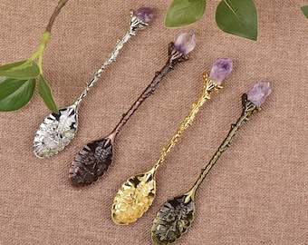 1pc Natural amethyst apothecary spoon, vintage brass altar spoon, inlaid with natural crystal.（Shipped at random）