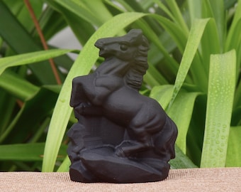 Natural Black Obsidian Horse Sculpture - Healing Crystal Gift for Motivation