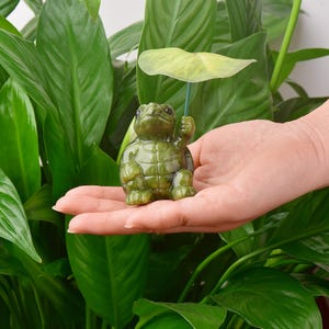 May include: A small, green turtle figurine holding a leaf overhead. The turtle has a detailed shell and is perched on a hand, with lush green foliage in the background. The figurine is approximately 2 inches tall.
