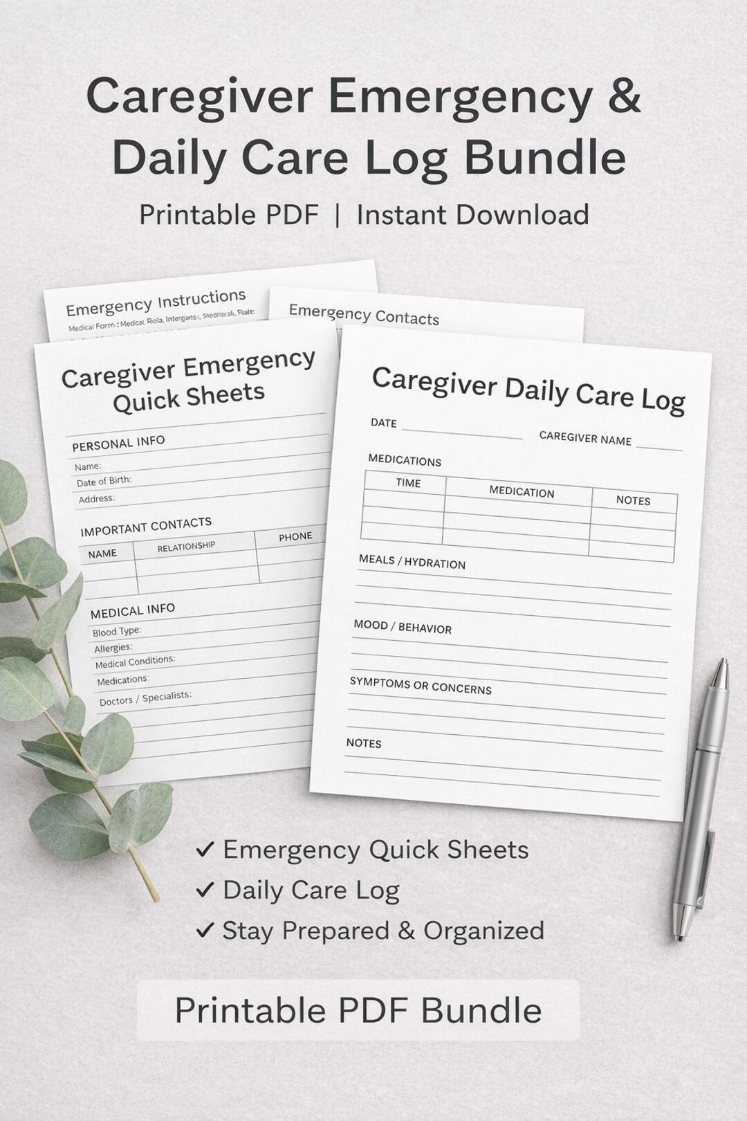 Caregiver Emergency and Daily Care Log Bundle Printable PDF Planning ...