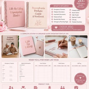 May include: A family organization bundle featuring "Life Be Lifing" and "Pennsylvania Probate Guide & Workbook." Includes printable pages for emergency contacts, medical information, and other essential documents. Designed for families and estate planning.