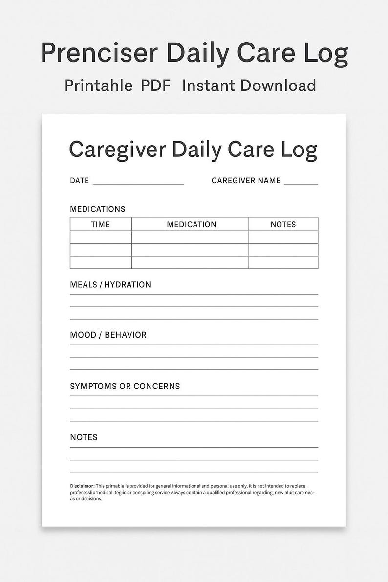 Caregiver Daily Care Log Printable PDF Simple Medical Tracking Sheet - Etsy