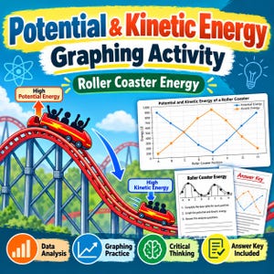 May include: An educational activity sheet titled Potential & Kinetic Energy Graphing Activity featuring a red roller coaster, a line graph showing energy levels in Joules, and an answer key. The graphic includes text labels for High Potential Energy and High Kinetic Energy, plus icons for data analysis, graphing practice, critical thinking, and answer keys.