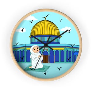 Cute Islamic kids Wall Clock , dome Of the rock mosque nursery decor ,praying girl room clock,  gift for children , muslim playroom clock