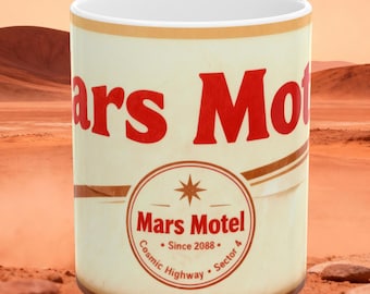Taza retro de motel de Marte - Taza de café de ciencia ficción con viajes espaciales - Artículos para bebidas de astronomía futurista