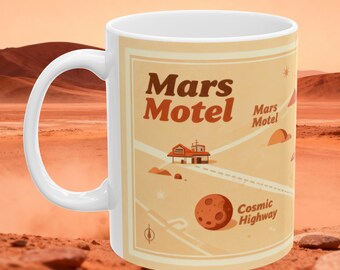 Taza de café de ciencia ficción de Mars Motel - Diseño retro de viajes espaciales - Mapa de carreteras cósmicas