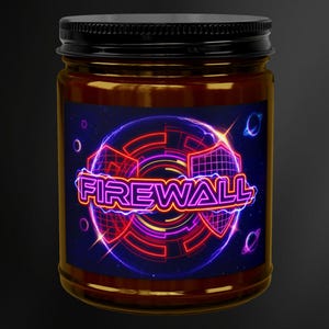 May include: A glass jar with a black lid, displaying a label with the word "FIREWALL" in neon lettering. The label features a glowing red and purple network graphic, set against a dark blue background with planet illustrations.