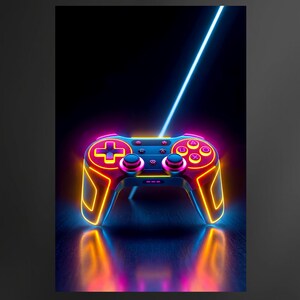 Puede incluir: Un mando de videojuegos con luces de neón sobre un fondo negro. El mando presenta una cruceta direccional, botones y joysticks analógicos, todos iluminados con vibrantes luces rosas, naranjas y azules. Una brillante línea de luz azul cruza la imagen.