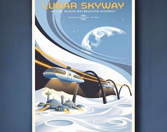 Póster retro de viajes espaciales - Arte mural de la Luna, lámina de ciencia ficción de mediados de siglo