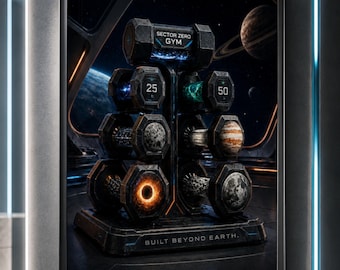 Póster de gimnasio espacial de ciencia ficción - Arte futurista de levantamiento de pesas con mancuernas