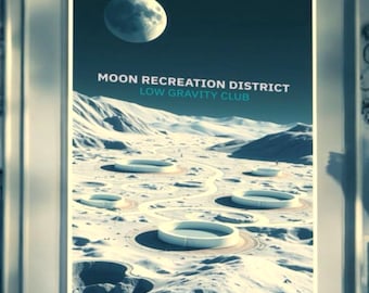 Póster de viaje a la superficie lunar - Arte mural de paisaje lunar retrofuturista