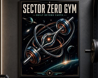 Decoración de pared de gimnasio de ciencia ficción: póster futurista de barra de pesas espaciales para gimnasio en casa.