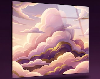 Cuadro acrílico de nubes en tonos pastel - Lámina de cielo rosa con nubes - Decoración moderna
