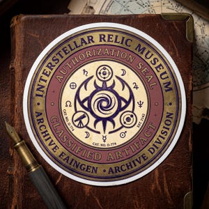 Puede incluir: Una pegatina circular con el texto "Interstellar Relic Museum" y "Classified Artifact Archive Division". La pegatina tiene una combinación de colores granate y dorado con varios símbolos y el texto "Authorization Seal". Una pluma estilográfica vintage descansa sobre un libro encuadernado en cuero.