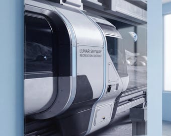 Cuadro acrílico futurista de la Luna - Escena de estación espacial de ciencia ficción para decoración moderna