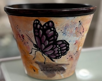 Hand-Painted Flower Pot – Boho Ceramic Planter with butterfly