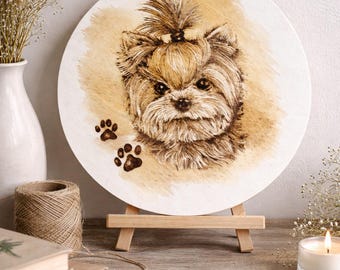 Ritratto personalizzato di animale domestico inciso a fuoco su legno / Sfondo macchiato di caffè / Pirografia personalizzata per cani / Regalo commemorativo fatto a mano per animali domestici