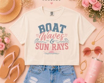 Camiseta boxy com estampa de ondas de barco e raios de sol