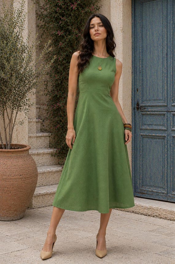 fit and flare midi casual dresses for women Linen-Viscose Dress, Sleeveless Boat Neck with Fit-and-Flare Skirt Corset Dresses | Sexy Clothing | 500K Old navy Set Size:L Complete with our signature