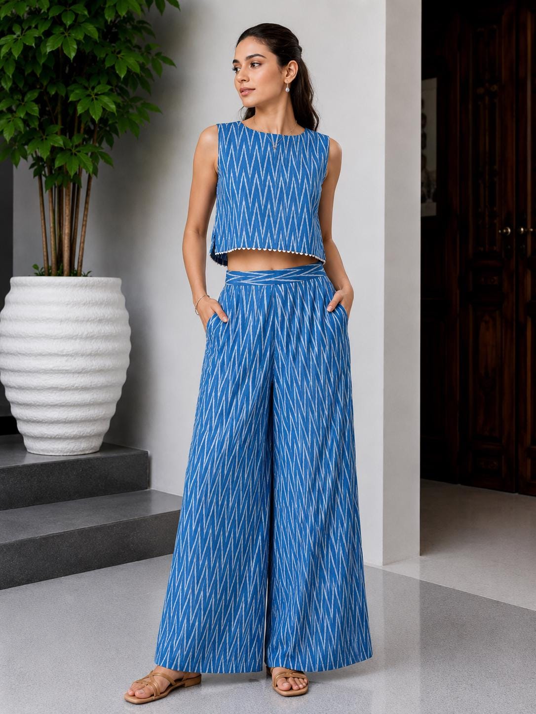 Cotton Co Ord Set Women Ikat Print Co Ord Set Crop Top Palazzo Set Two Piece Outfit Vacation Wear Resort Wear Matching Set