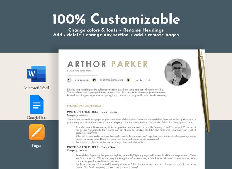 one column resume template with photo for download