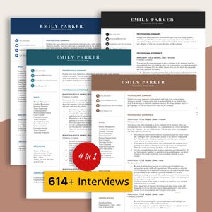 May include: Four resume templates with different color schemes: navy blue, teal, black, and brown. Each template features the name "Emily Parker" at the top, with sections for professional summary, experience, skills, education, and certifications. The image also includes the text "4 in 1" and "614+ Interviews".