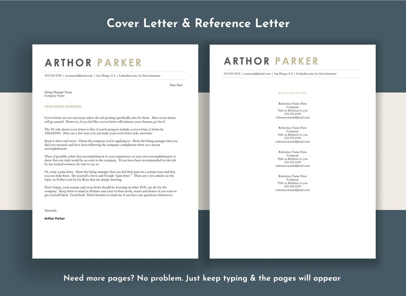May include: A cover letter and reference letter template with the name "ARTHOR PARKER" at the top. The cover letter includes a space for the hiring manager's name and company name. The reference letter lists contact information.
