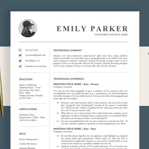 May include: A resume template with the name "EMILY PARKER" at the top. The resume includes sections for professional summary, experience, education, certifications, and skills. A gold pen and icons for Microsoft Word, Google Docs, and Pages are also visible.