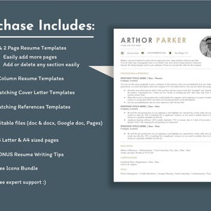 May include: A professional resume template with the name "ARTHOR PARKER" at the top, including a headshot. The template provides sections for professional experience, education, and skills. The image also lists included items such as resume templates, cover letter templates, and writing tips.