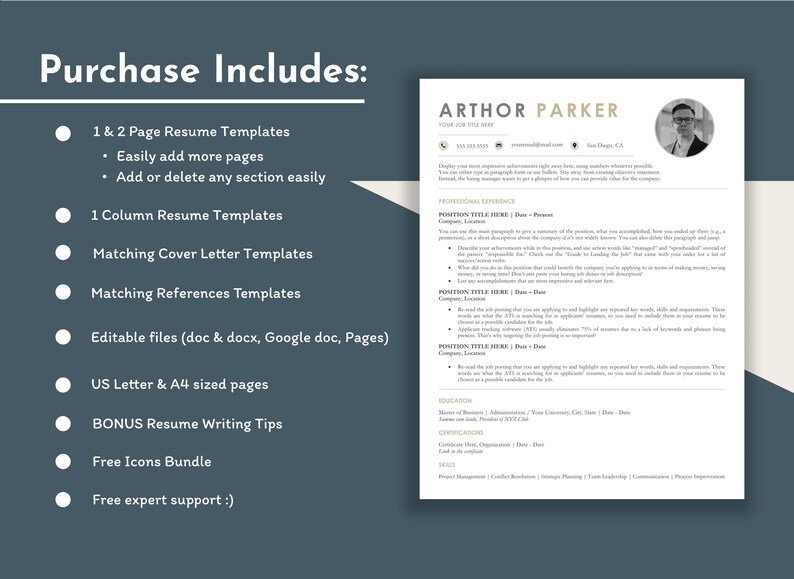 May include: A professional resume template with the name "ARTHOR PARKER" at the top, including a headshot. The template provides sections for professional experience, education, and skills. The image also lists included items such as resume templates, cover letter templates, and writing tips.