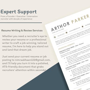 May include: A resume template with the name "ARTHOR PARKER" at the top. The resume includes sections for professional experience, position title, and company details. Text on the left side promotes resume writing and review services.