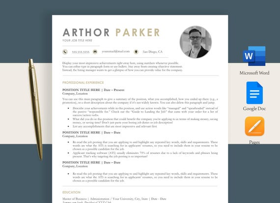 ATS Resume Design: 1 column resume template with photo | Cover Letter + Reference Letter | 1 + 2 page Templates (Pages, MS Word, Google Doc)