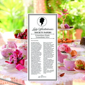 May include: A table setting with pink floral teacups, a teapot, and a tiered dessert stand. The centerpiece is a framed document titled "Lady Whistledown's Society Papers." Berries and flowers add to the elegant aesthetic. The scene is set outdoors.