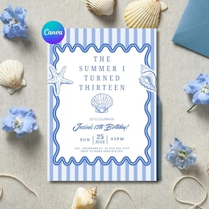 Geburtstagseinladung „Der Sommer, in dem ich schön wurde“ – Strandparty-Einladung (Bearbeitbare Druckvorlage)