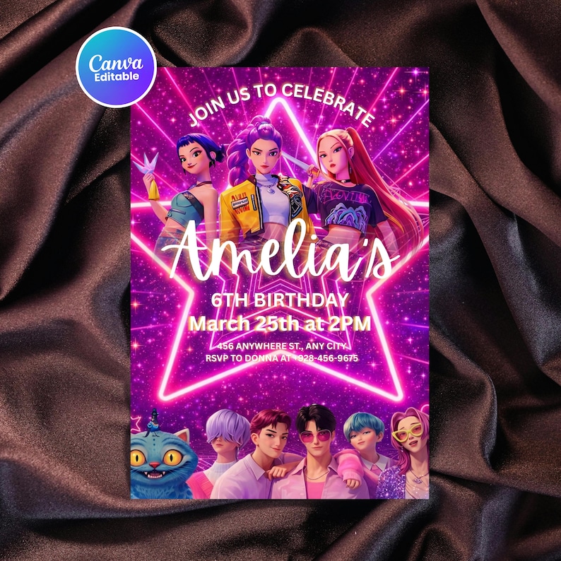 Kpop Demon Hunters Birthday Party Invitation Template, Huntrix Golden ...