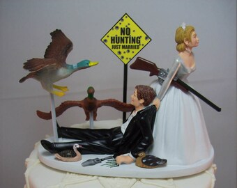 NO HUNTING Ducks with Gun Rifle Shotgun Bride and Groom Wedding Cake Topper Funny Grooms Cake