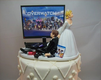 GAMER Funny Wedding Cake Topper OVER Video Game Gamer Junkie Addict Charming Rehearsal Groom's Shooter Bride and Groom