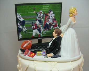 FOOTBALL (any team/game on TV screen) Funny Wedding Cake Topper Sports FAN Junkie Addict Rehearsal Dinner Groom's Bride Groom Custom