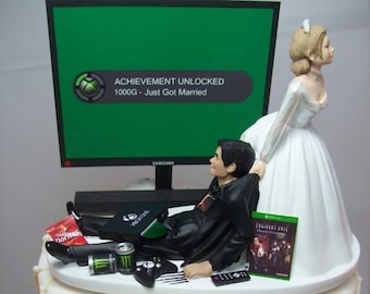 Video Game Achievement Unlocked Engagement Marry Funny Wedding Cake Topper Game Junkie Gaming Interracial Bride & Groom Tan Hispanic X