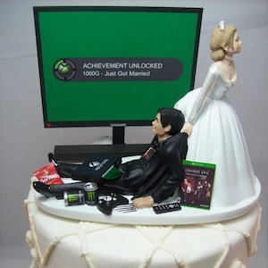 Video Game Achievement Unlocked Engagement Marry Funny Wedding Cake Topper Game Junkie Gaming Interracial Bride & Groom Tan Hispanic X