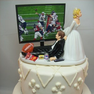 FOOTBALL (any team/game on TV screen) Funny Wedding Cake Topper Sports FAN Junkie Addict Rehearsal Dinner Groom&#39;s Bride Groom Custom